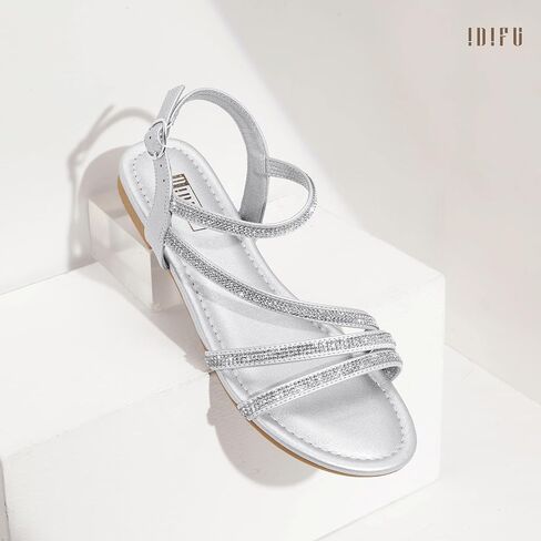 IDIFU Rhinestone Strappy Sandals for Women Dressy Summer Glitter Flat Sandals with Back Strap Open Toe Slingback Ankle Strap Sandals Wedding Bridal Prom Sparkly Bling Comfortable Cute Dress Sandals in Kuwait