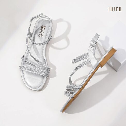 IDIFU Rhinestone Strappy Sandals for Women Dressy Summer Glitter Flat Sandals with Back Strap Open Toe Slingback Ankle Strap Sandals Wedding Bridal Prom Sparkly Bling Comfortable Cute Dress Sandals in Kuwait