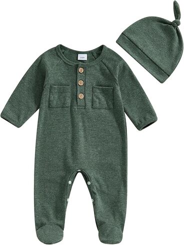 Newborn Baby Boy Girl Footies Romper Solid Button Long Sleeve Footed One-Piece Jumpsuit with Hat Coming Home Outfit in Kuwait