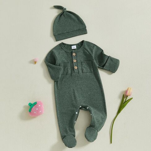 Newborn Baby Boy Girl Footies Romper Solid Button Long Sleeve Footed One-Piece Jumpsuit with Hat Coming Home Outfit in Kuwait