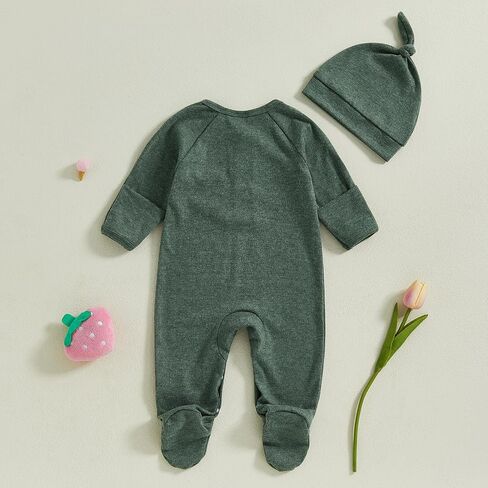 Newborn Baby Boy Girl Footies Romper Solid Button Long Sleeve Footed One-Piece Jumpsuit with Hat Coming Home Outfit in Kuwait