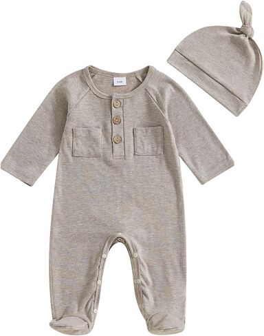 Newborn Baby Boy Girl Footies Romper Solid Button Long Sleeve Footed One-Piece Jumpsuit with Hat Coming Home Outfit in Kuwait