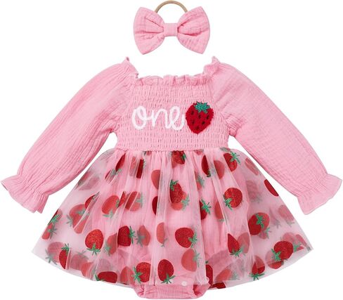IDOPIP Baby Girls Strawberry Butterfly 1st Birthday Outfit Berry One Romper Smocked Ruffle Tutu Dress with Headband Clothes in Saudi Arabia