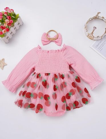 IDOPIP Baby Girls Strawberry Butterfly 1st Birthday Outfit Berry One Romper Smocked Ruffle Tutu Dress with Headband Clothes in Saudi Arabia