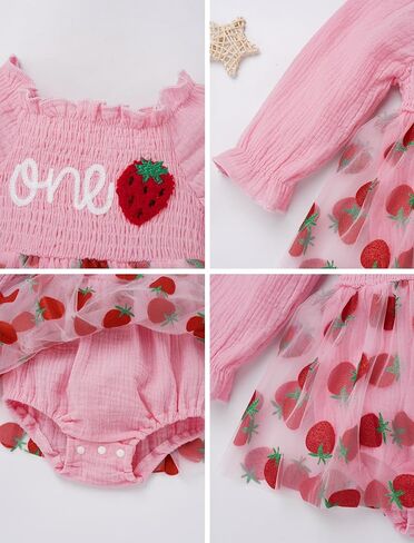 IDOPIP Baby Girls Strawberry Butterfly 1st Birthday Outfit Berry One Romper Smocked Ruffle Tutu Dress with Headband Clothes in Saudi Arabia
