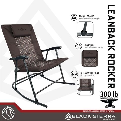 Black Sierra High Back Folding Rocking Chair, XL Oversize Camping Rocker Supports 300 LBS, Padded Portable Heavy Duty Armchair for Deck and Patio in Saudi Arabia