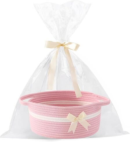 Empty Gift Bowknot Basket with Ribbons and Bow and Gift Bags, Decorative Baby Gift Baskets Empty Small Woven Rope Cat Dog Toys Basket with Handles, Pink in Saudi Arabia
