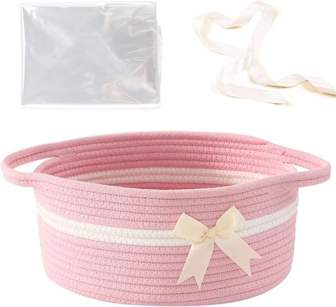 Empty Gift Bowknot Basket with Ribbons and Bow and Gift Bags, Decorative Baby Gift Baskets Empty Small Woven Rope Cat Dog Toys Basket with Handles, Pink in Saudi Arabia