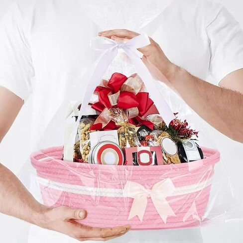 Empty Gift Bowknot Basket with Ribbons and Bow and Gift Bags, Decorative Baby Gift Baskets Empty Small Woven Rope Cat Dog Toys Basket with Handles, Pink in Saudi Arabia