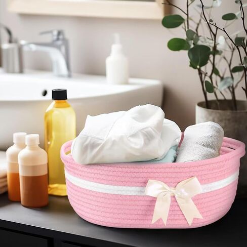 Empty Gift Bowknot Basket with Ribbons and Bow and Gift Bags, Decorative Baby Gift Baskets Empty Small Woven Rope Cat Dog Toys Basket with Handles, Pink in Saudi Arabia