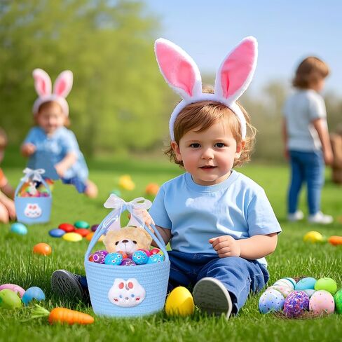 سلال عيد الفصح للأطفال سلة عيد الفصح مع مقبض مزدوج سلة بيض الأرنب لمطاردة ملء بيض عيد الفصح للفتيات الصبي حفيدة الرضيع (الأرنب الأزرق) in Saudi Arabia
