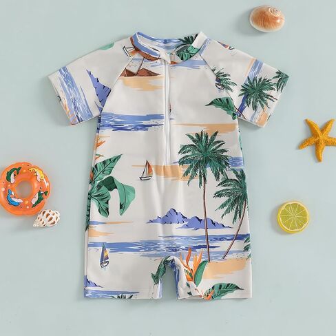 Baby Boys Summer Swimsuit Dinosaur/Shark Print Zipper One Piece Rash Short Sleeve Zipper Jumpsuit Swimwear Beachwear in Saudi Arabia