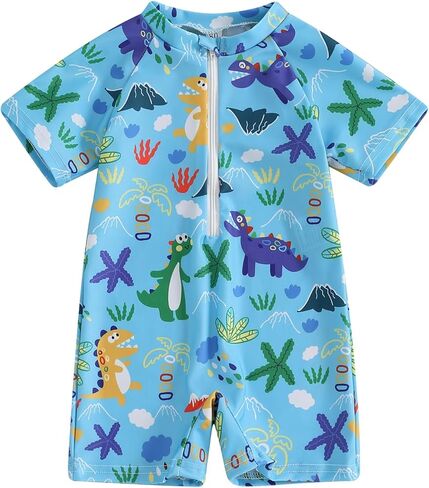 Baby Boys Summer Swimsuit Dinosaur/Shark Print Zipper One Piece Rash Short Sleeve Zipper Jumpsuit Swimwear Beachwear in Saudi Arabia