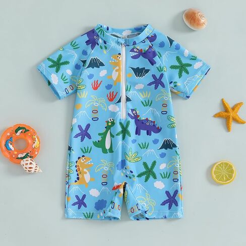 Baby Boys Summer Swimsuit Dinosaur/Shark Print Zipper One Piece Rash Short Sleeve Zipper Jumpsuit Swimwear Beachwear in Saudi Arabia