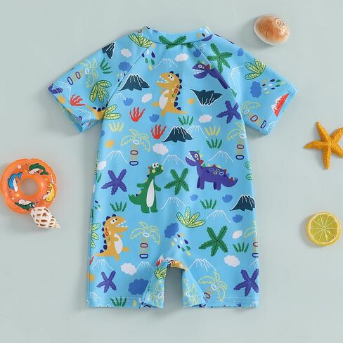 Baby Boys Summer Swimsuit Dinosaur/Shark Print Zipper One Piece Rash Short Sleeve Zipper Jumpsuit Swimwear Beachwear in Saudi Arabia