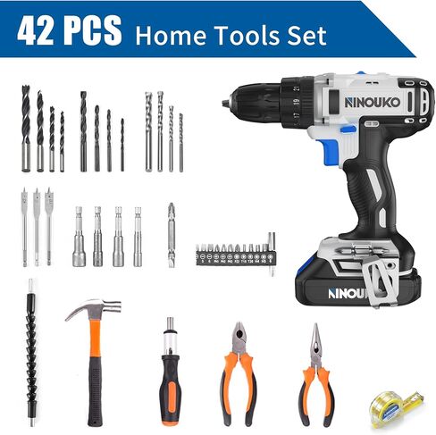 20V Cordless Drill Set with Battery and Charger, 2-Speed Electric Drill with 300 in-lbs Torque, 23+1+1 Position 3/8 Inch Chuck, 42Pcs Power Drill/Driver Set for DIY and Professional Use in Saudi Arabia