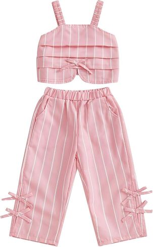 Kaipiclos Toddler Baby Girl Clothes Ribbed Knit Sleeveless Tank Top & Bow Plaid Pants 2 Piece Spring Summer Outfit Set 12M-5T in Saudi Arabia