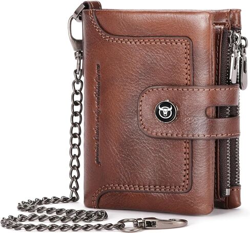 BULLCAPTAIN Bifold Mens Wallet with Chain Genuine Leather RFID Blocking Wallets Removable Zipper Coin Purse with ID Window (yellowish brown) in Kuwait