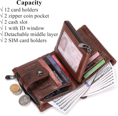 BULLCAPTAIN Bifold Mens Wallet with Chain Genuine Leather RFID Blocking Wallets Removable Zipper Coin Purse with ID Window (yellowish brown) in Kuwait