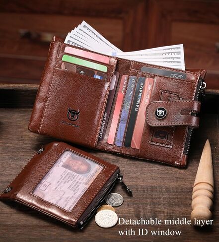 BULLCAPTAIN Bifold Mens Wallet with Chain Genuine Leather RFID Blocking Wallets Removable Zipper Coin Purse with ID Window (yellowish brown) in Kuwait