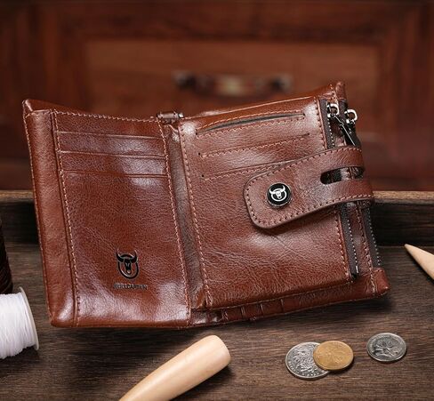 BULLCAPTAIN Bifold Mens Wallet with Chain Genuine Leather RFID Blocking Wallets Removable Zipper Coin Purse with ID Window (yellowish brown) in Kuwait