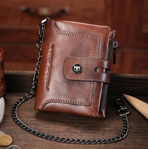 BULLCAPTAIN Bifold Mens Wallet with Chain Genuine Leather RFID Blocking Wallets Removable Zipper Coin Purse with ID Window (yellowish brown) in Kuwait