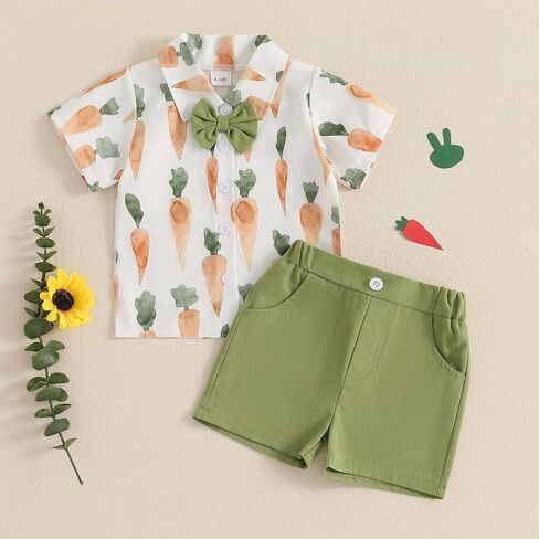 Toddler Baby Boy Pcs Easter Outfit Bunny Carrort Short Sleeve Button-up Bow Tie Shirt Shorts Set Summer Clothes in Kuwait