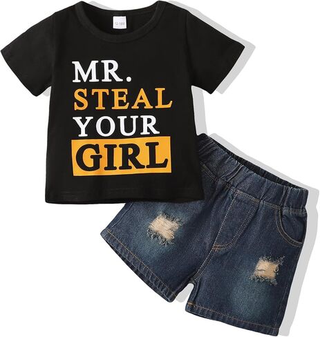 NZRVAWS Baby Boy Clothes Toddler Boy Outfit 2 3 4T 6 12 18 24 Months Spring Summer Letter Printed T Shirt Shorts Ripped Jean in Kuwait