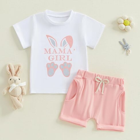 Toddler Boy Girl Bunny Clothes My First Easter Outfits Short Sleeve T-Shirt Strip/Plaid Printed Shorts 2Pcs Summer Set in Saudi Arabia