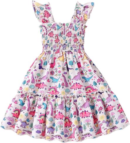 Toddler Girl Dress Kids Ruffle Sleeve Floral Smocked Sundress Sleeveless Swing Tiered Dresses 2-8 Years in Saudi Arabia
