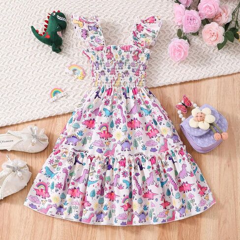 Toddler Girl Dress Kids Ruffle Sleeve Floral Smocked Sundress Sleeveless Swing Tiered Dresses 2-8 Years in Saudi Arabia