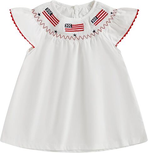 Toddler Baby Girl 4th of July Clothes USA Flag Embroidery Smocked Dress Flutter Sleeve Princess Dresses Summer Outfit in Saudi Arabia