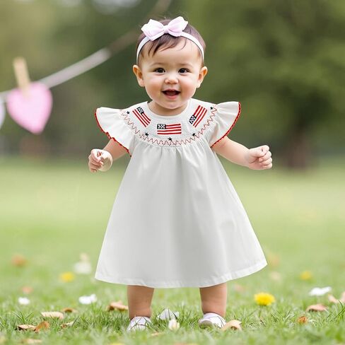 Toddler Baby Girl 4th of July Clothes USA Flag Embroidery Smocked Dress Flutter Sleeve Princess Dresses Summer Outfit in Saudi Arabia