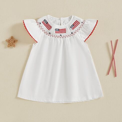 Toddler Baby Girl 4th of July Clothes USA Flag Embroidery Smocked Dress Flutter Sleeve Princess Dresses Summer Outfit in Saudi Arabia