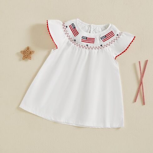 Toddler Baby Girl 4th of July Clothes USA Flag Embroidery Smocked Dress Flutter Sleeve Princess Dresses Summer Outfit in Saudi Arabia
