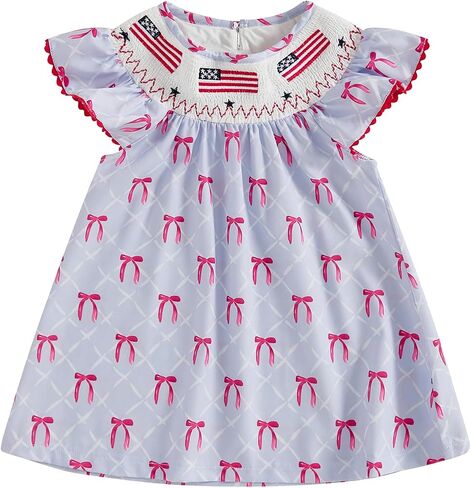 Toddler Baby Girl 4th of July Clothes USA Flag Embroidery Smocked Dress Flutter Sleeve Princess Dresses Summer Outfit in Saudi Arabia