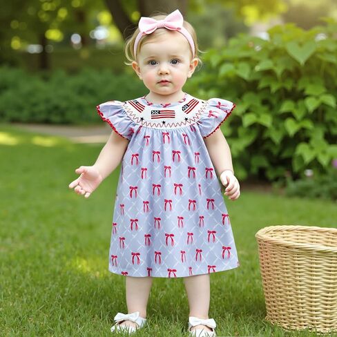 Toddler Baby Girl 4th of July Clothes USA Flag Embroidery Smocked Dress Flutter Sleeve Princess Dresses Summer Outfit in Saudi Arabia