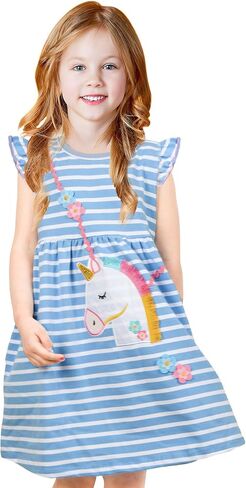 Girls Dress Toddler Kids Flutter Sleeve Summer Dresses Unicorn Swing Casual Sundress Party Playwear Holiday Clothes in Saudi Arabia