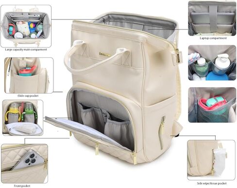 Baby Diaper Bag Backpack, Vegan Leather Diaper Backpack with Laptop Compartment 15.6 inch, Baby Bag Large Capacity, Waterproof Travel Backpack(Brown) in Kuwait