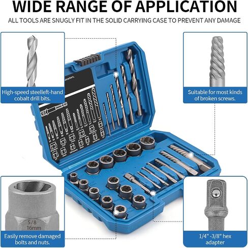26 Piece Impact Bolt and Spiral Screw Extractor Set & Left Hand Drill Bit Kit,stripped screw extractor,for Removing Broken Studs Bolts Socket Screws and Fittings in Saudi Arabia
