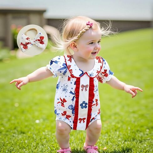 BemeyourBBs Baby Girl Bubble Romper Short Sleeve Peter Pan Collar Jumpsuit with Bow Headband Newborn Infant Summer Clothes in Kuwait