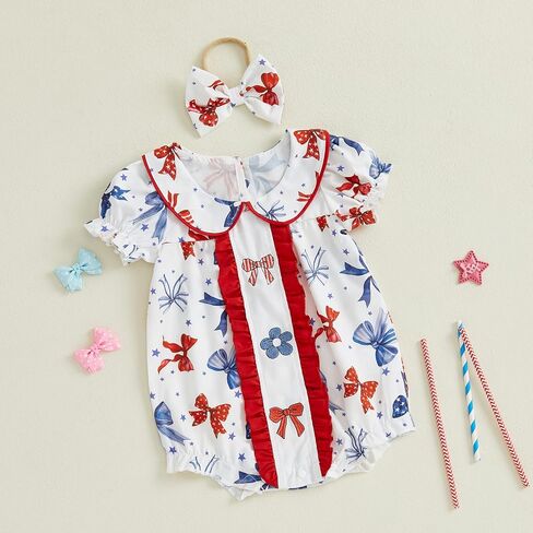 BemeyourBBs Baby Girl Bubble Romper Short Sleeve Peter Pan Collar Jumpsuit with Bow Headband Newborn Infant Summer Clothes in Kuwait