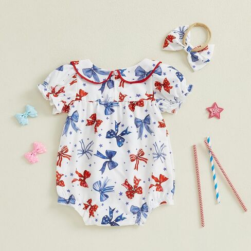 BemeyourBBs Baby Girl Bubble Romper Short Sleeve Peter Pan Collar Jumpsuit with Bow Headband Newborn Infant Summer Clothes in Kuwait