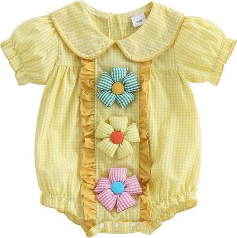 BemeyourBBs Baby Girl Bubble Romper Short Sleeve Peter Pan Collar Jumpsuit with Bow Headband Newborn Infant Summer Clothes in Kuwait