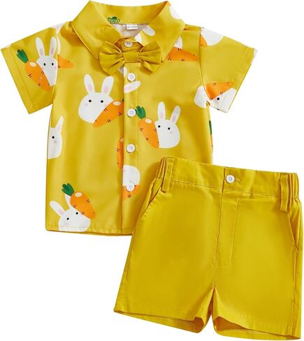 Toddler Baby Boy Easter Outfit Bunny/Carrot Print Short Sleeve Button Down Shirt Top Solid Shorts Set Summer Clothes in Saudi Arabia