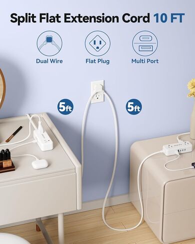 2 Prong Flat Plug Power Strip, 1875W 2 Prong Extension Cord with 180° Rotating Flat Plug, US to Japan Plug Adapter with 4 AC 3 USB, 5 FT Extension Cord, Ideal for Non-Grounded Outlets, Non Surge in Kuwait