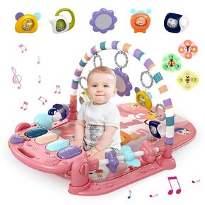 Baby Playmat Tummy Time Toys-Funny Play Piano Baby Gym Activity Mat with 5 Infant Sensory Toys & 3 Suction Cup Spinner Toys, Baby Essentials for Newborns 0-3-6-9-12 Months(Pink)