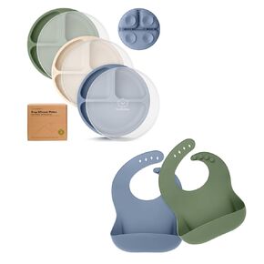 KeaBabies 3-Pack Suction Plates with Lids for Baby and 2-Pack Baby Silicone Bibs - 100% Silicone Suction Plates for Baby, Kids, Toddler Plates, Waterproof, Easy Wipe Silicone Bib for Babies, Toddlers
