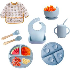2025 Silicone Baby Feeding Set - Baby Spoons, Suction Bowl,Divided Plate Bib Cup Finger Brush - 6+ Months Food Grade-Green