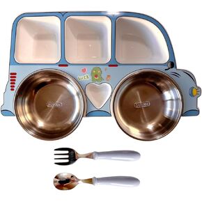 Fun Toddler Dinnerware Set: Non-Toxic Plates, Utensils, and Trays - Perfect for Picky Eaters, Boys, Creative Dining with Forks, Spoons, and Buses - Personalized designs and colors (Blue)